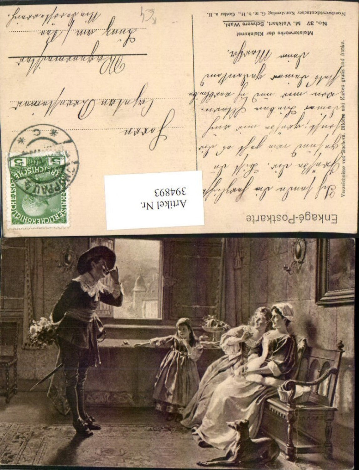 394893,Künstler AK M. Volkhart Schwere Wahl Mann m. Hut Schwert Frauen Hund