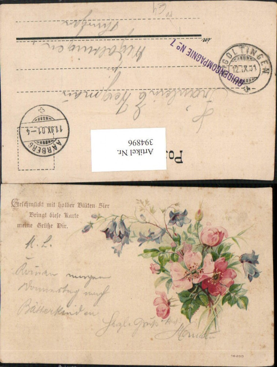 394896,Künstler AK Glockenblumen Blumen Blüten Spruch Feldpost Guidencompagnie 7