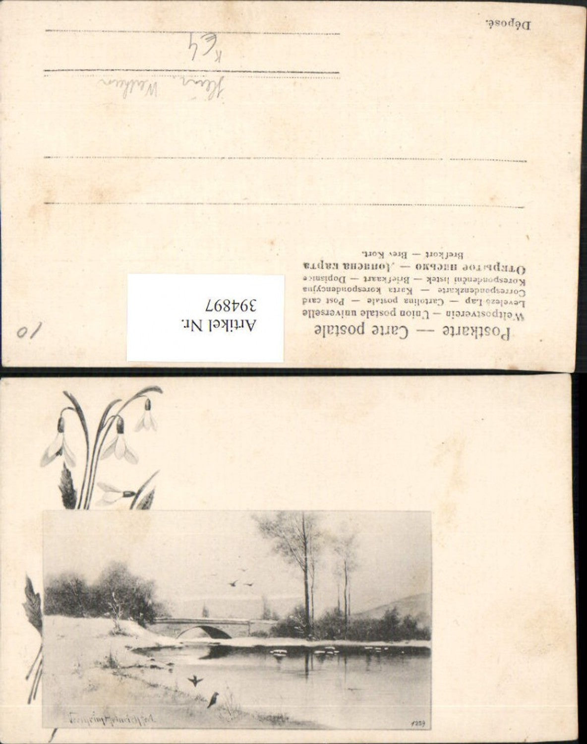 394897,Künstler AK Heinrich Wertheim Landschaft Fluss Brücke Passepartout Schneeglöckchen