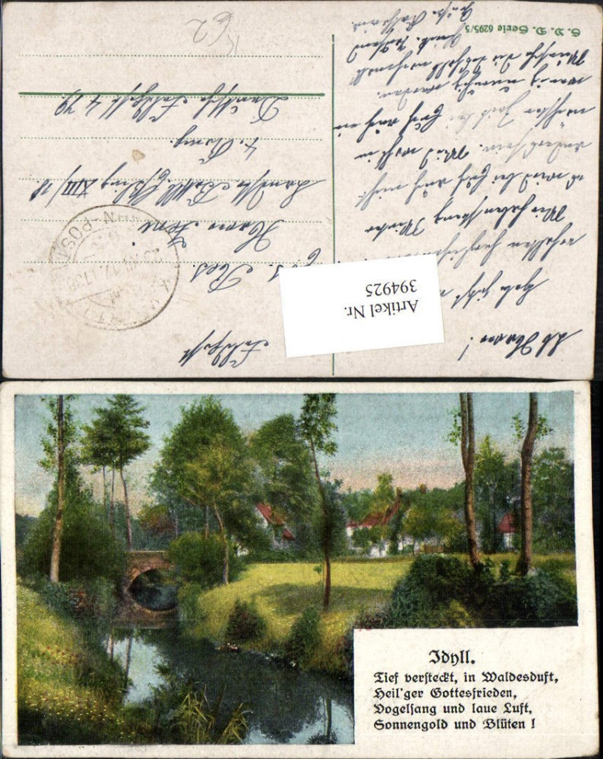 394925,Künstler AK Landschaft Fluss Brücke Idyll Spruch Text