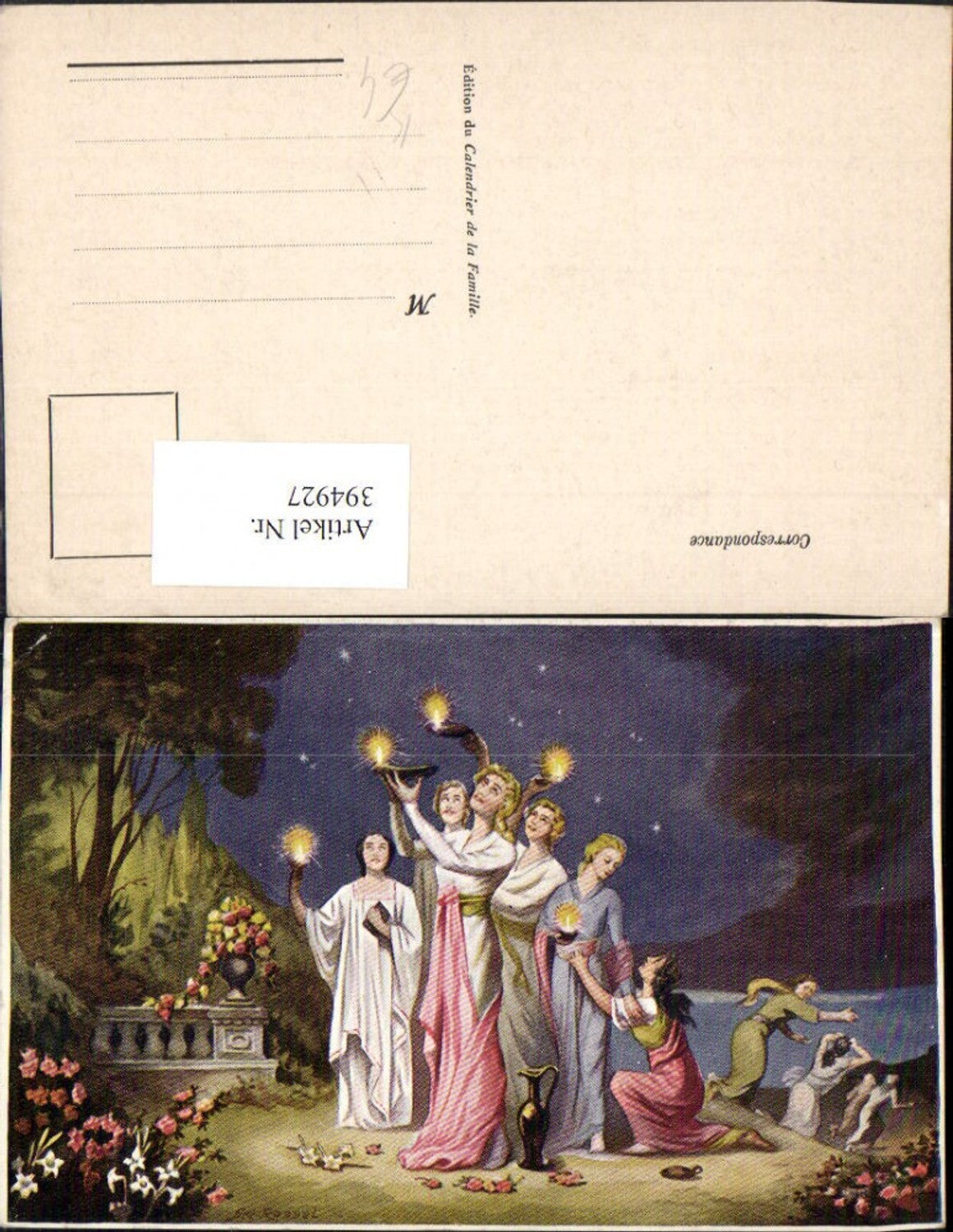 394927,Künstler AK Art. Rossel Frauen m. Kleider Kerzen Krug