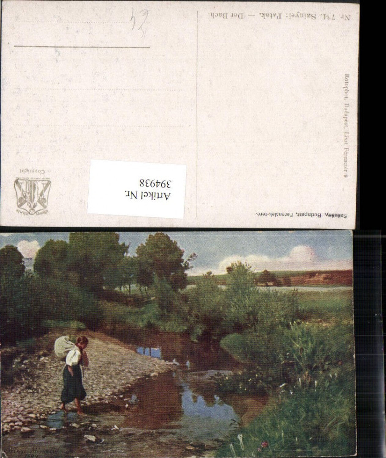 394938,Künstler AK Szinyei Patak Der Bach Landschaft Frau m. Sack