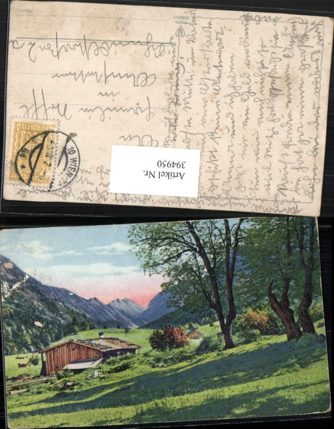 394950,Künstler AK Landschaft Almhütte Bergkulisse