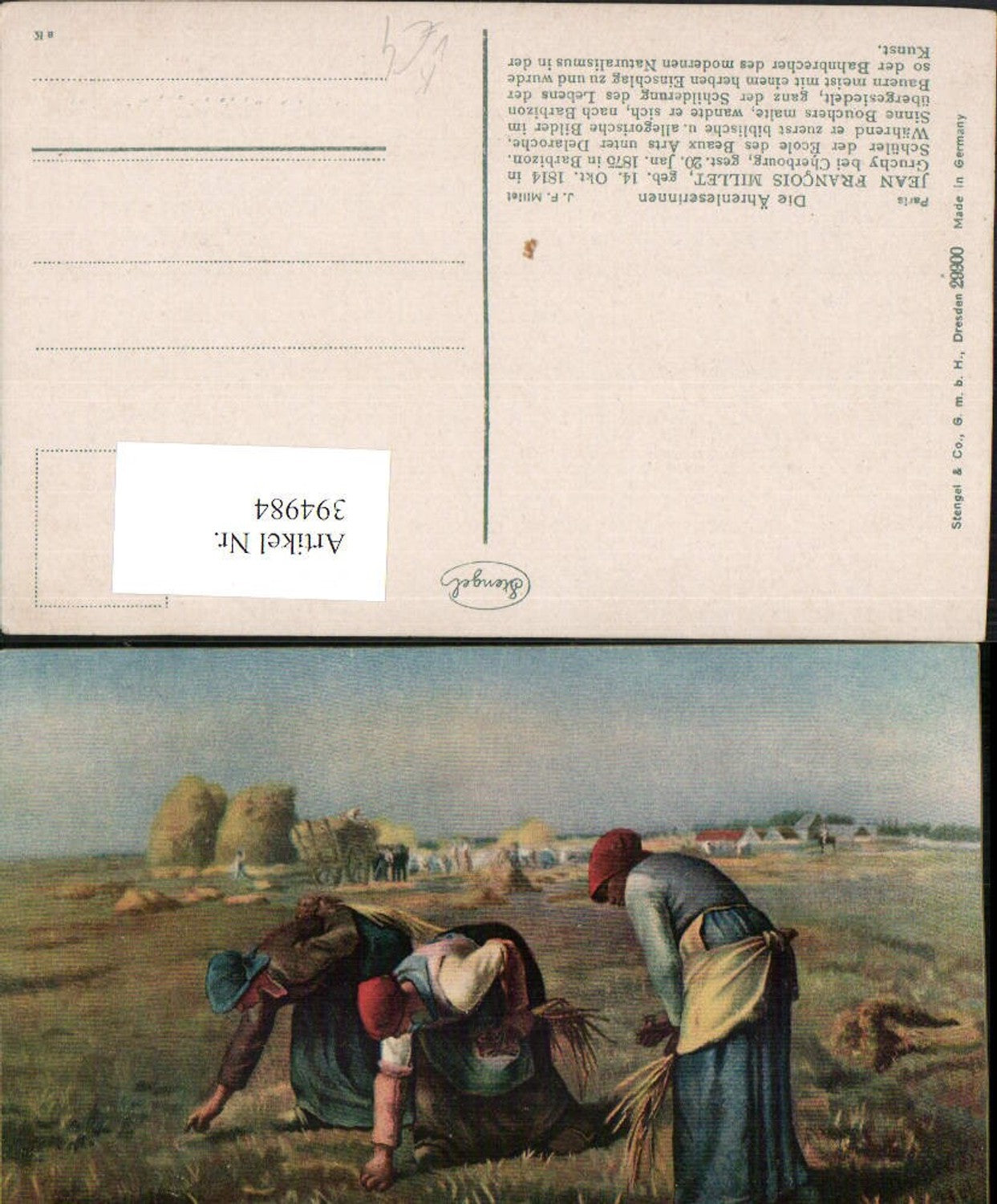 394984, Artist AK Jean Francois Millet The Gleaners Farmers pub Stengel &amp; Co 29900