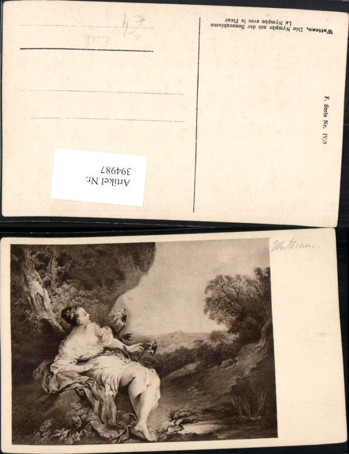 394987,Künstler AK Watteau Die Nymphe mit der Sonnenblume barbusig Erotik