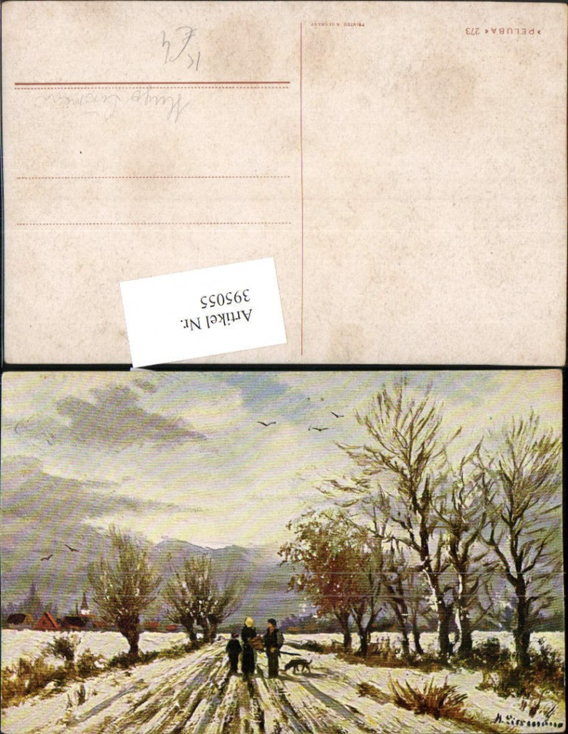 395055,Künstler AK Hugo Lissmann Winterlandschaft Wegpartie Hund