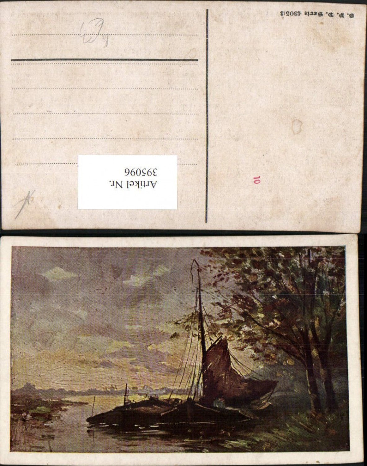 395096,Künstler AK Landschaft Ufer Segelboot Boot