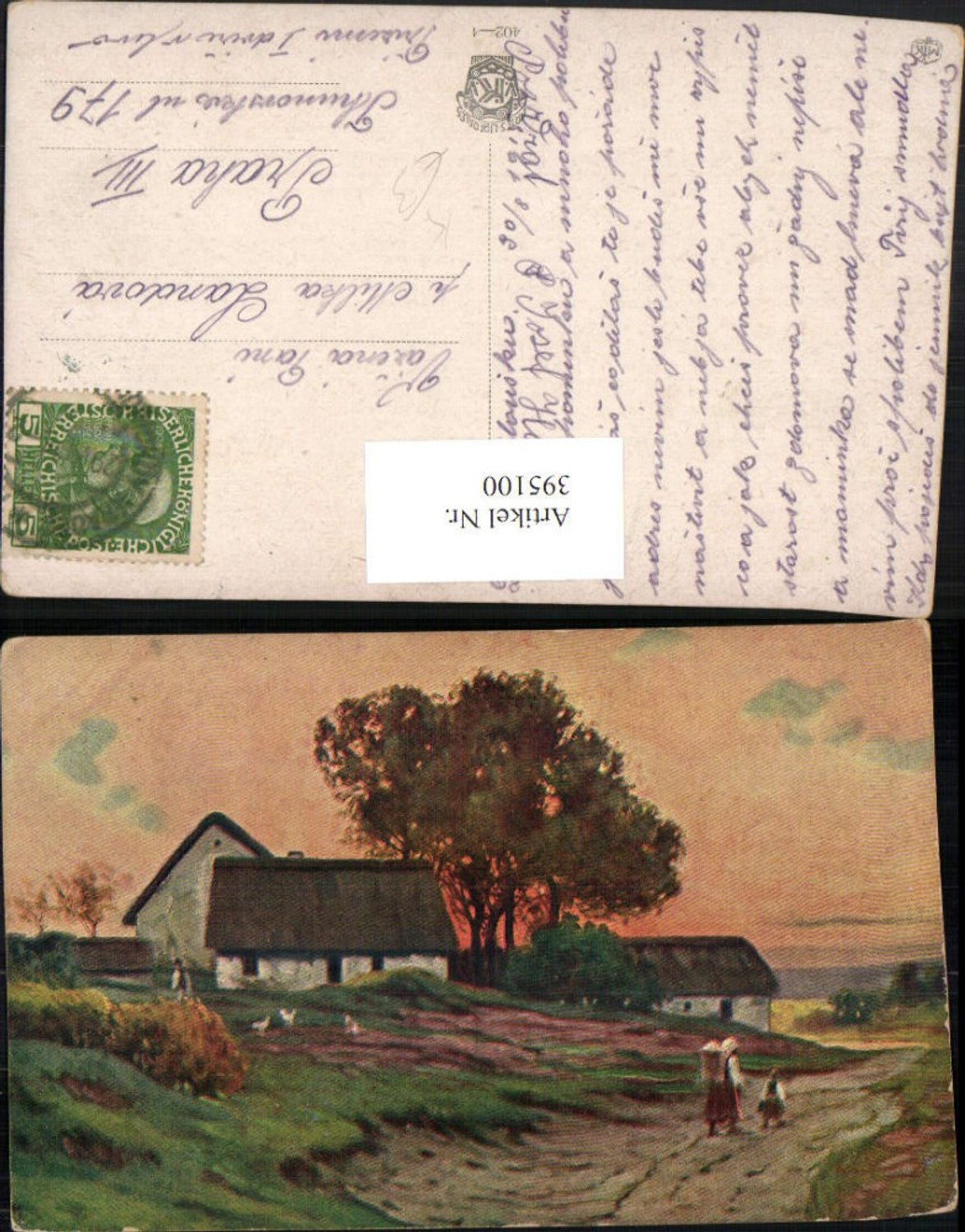 395100,Künstler AK Landschaft Wegpartie Haus Bäume