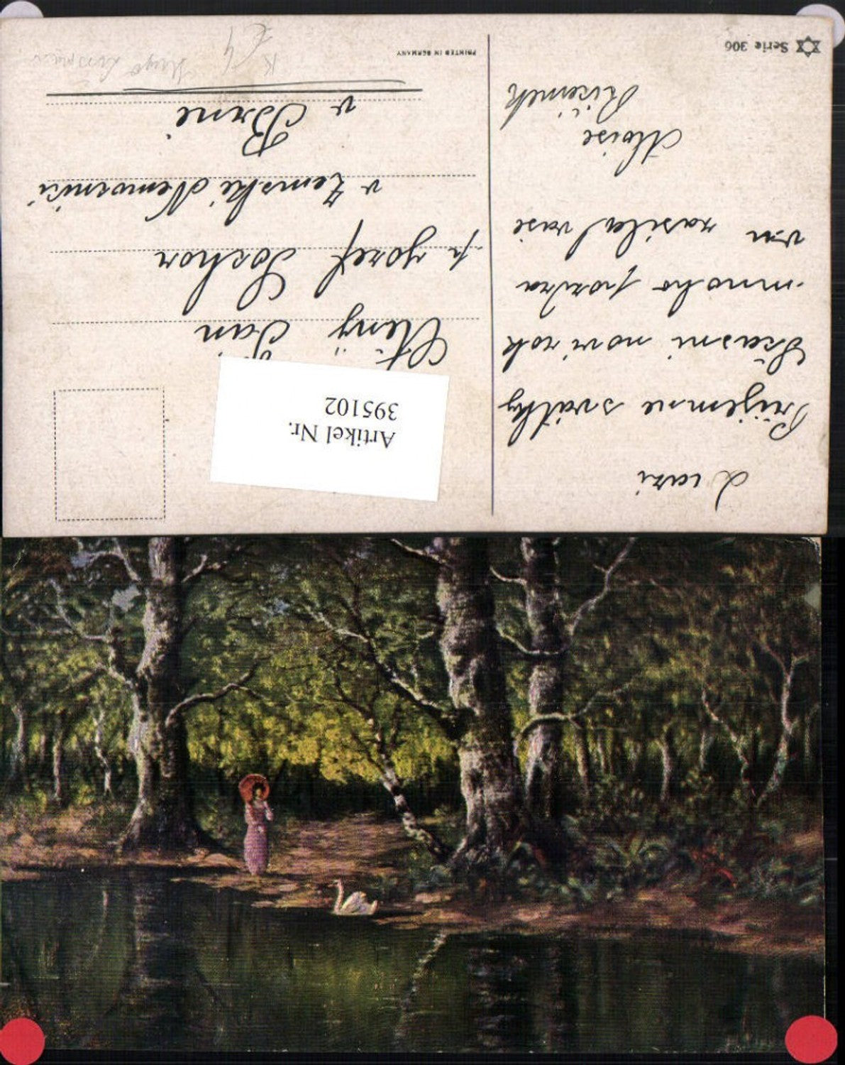 395102,Künstler AK Hugo Lissmann Wald Teich Schwan Frau m. Schirm