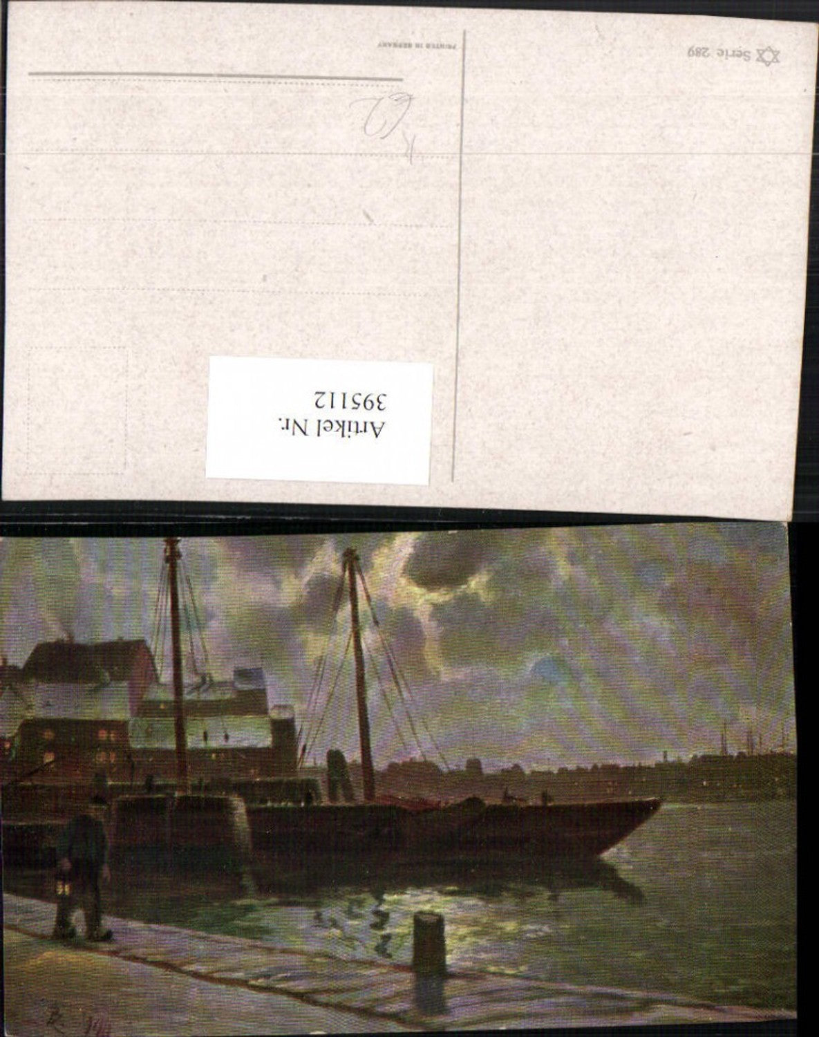 395112,Künstler AK Anlegestelle Segelschiff Schiff Mann m. Laterne