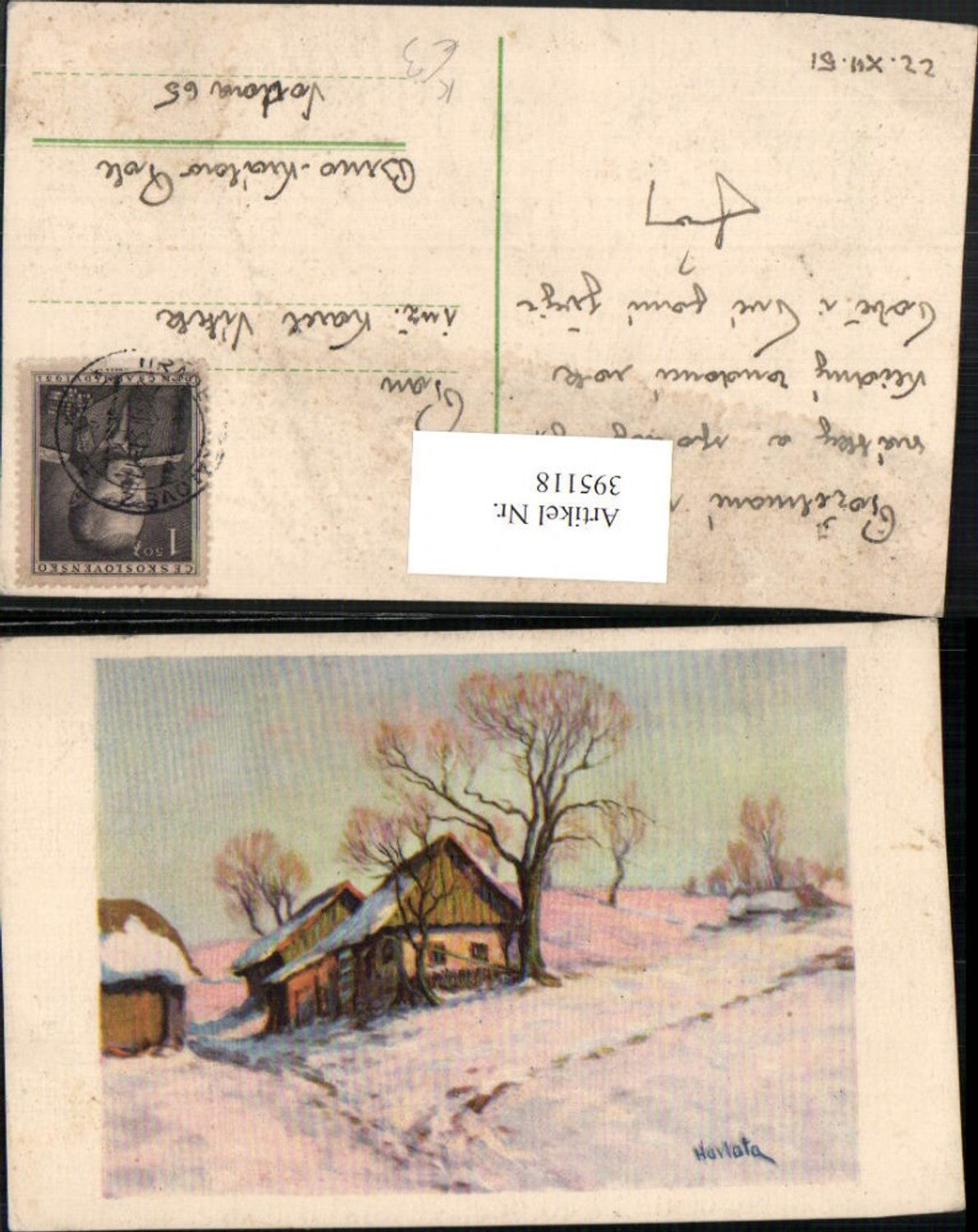 395118,Künstler AK Havlata Winterlandschaft Haus
