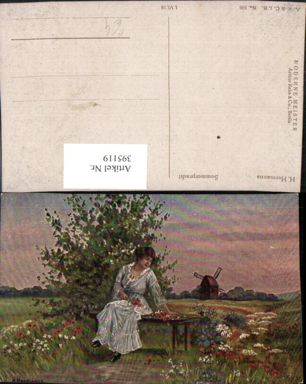 395119,Künstler AK H. Hermanns Sommerpracht Frau m. Kleid Blumen Windmühle