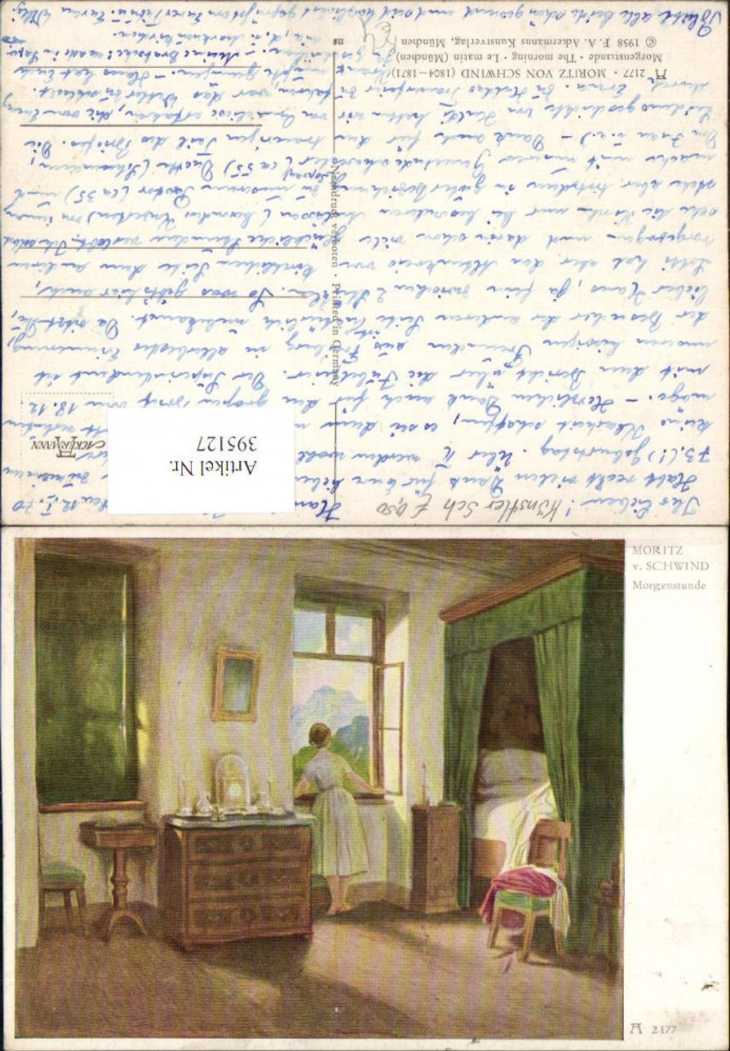 395127,Künstler AK Moritz v. Schwind Morgenstunde Frau m. Kleid b. Fenster pub Ackermann 2177