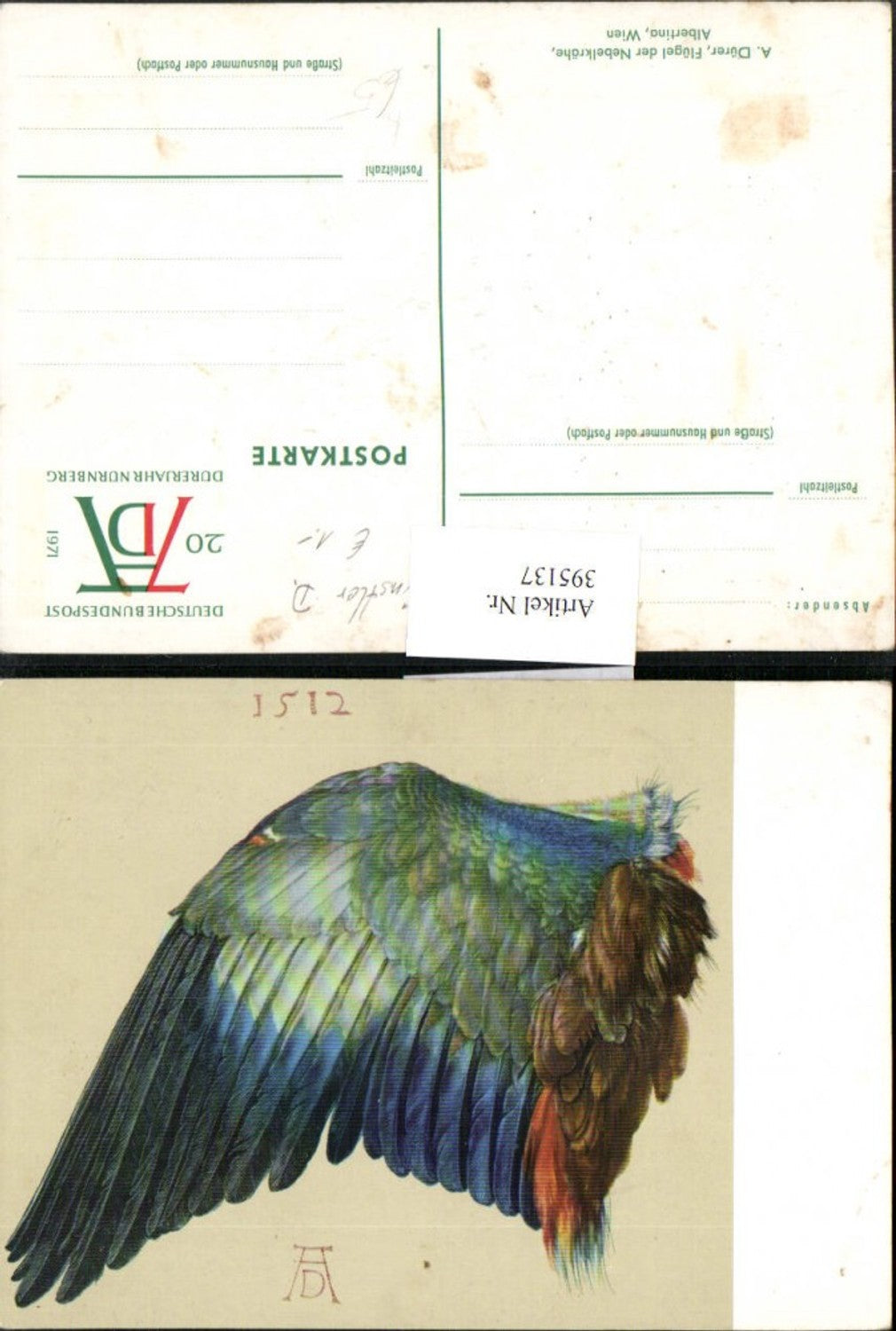 395137,Künstler AK A. Dürer Flügel der Nebelkrähe Federn