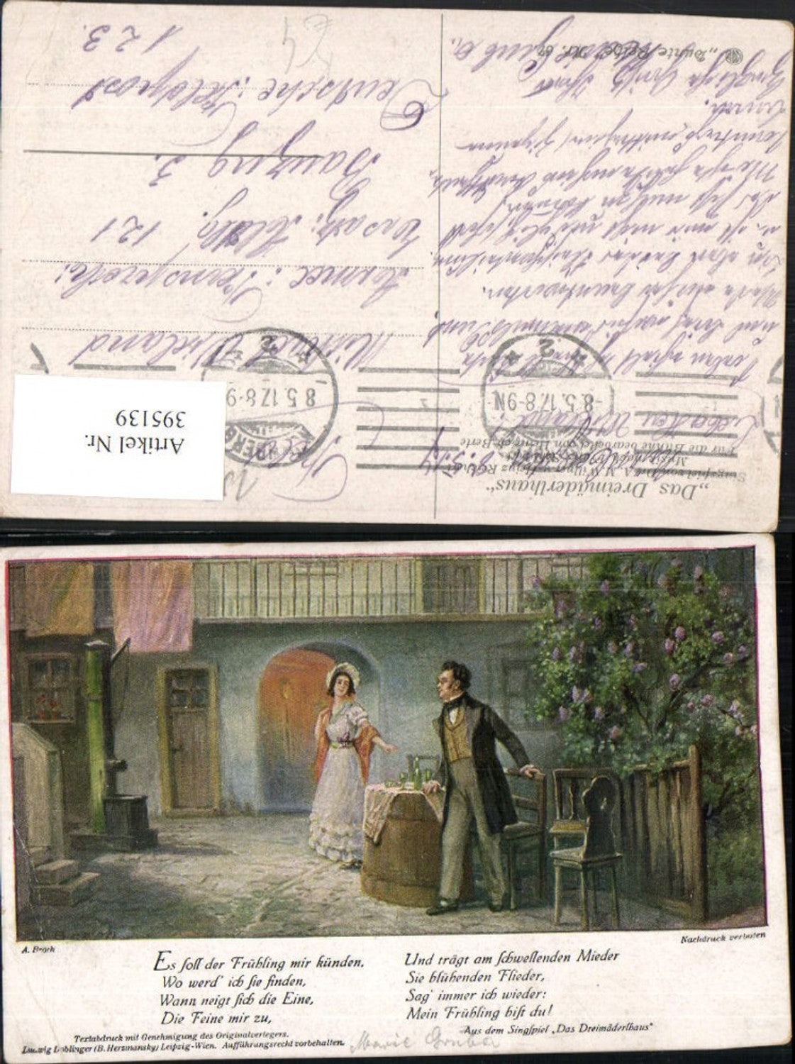 395139,Künstler AK A. Broch Das Dreimäderlhaus Frau m. Kleid Schubert Text