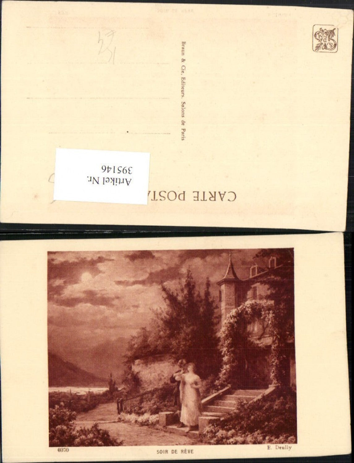 395146,Künstler AK E. Deully Soir de Reve Liebe Paar Villa Stiege Mondschein