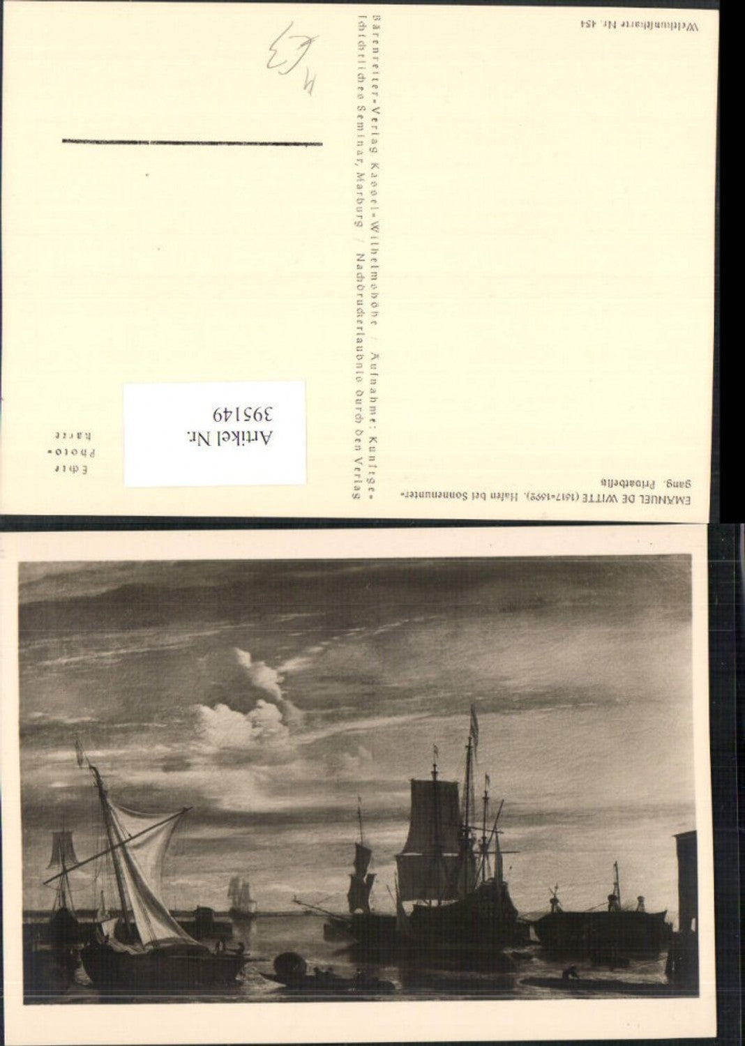 395149,Künstler AK Emanuel de Witte Hafen bei Sonnenuntergang Segelschiffe Boote