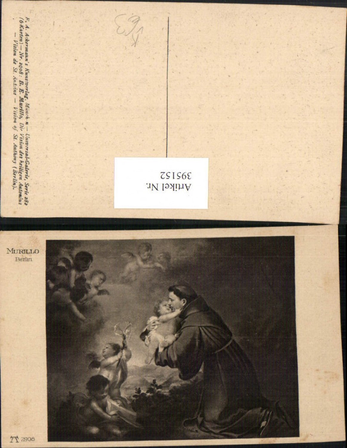 395152,Künstler AK B. E. Murillo Die Vision des heiligen Antonius pub A. Ackermann 2908