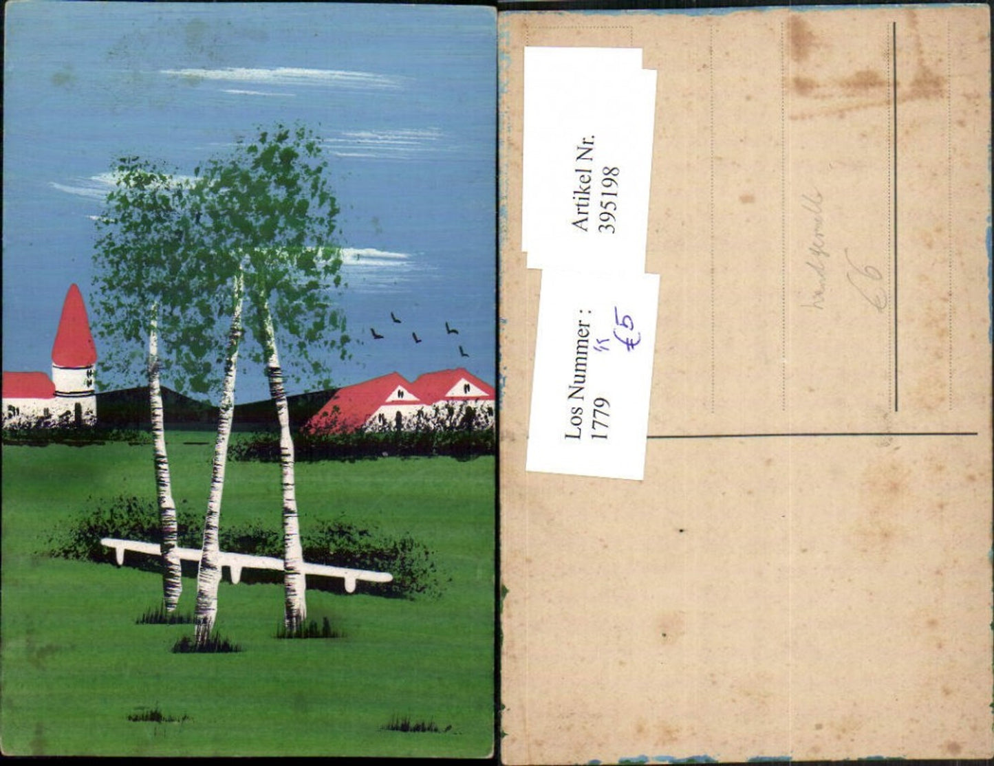 395198,Künstler AK Handgemalt Landschaft Dorf Kirche Birken Bäume
