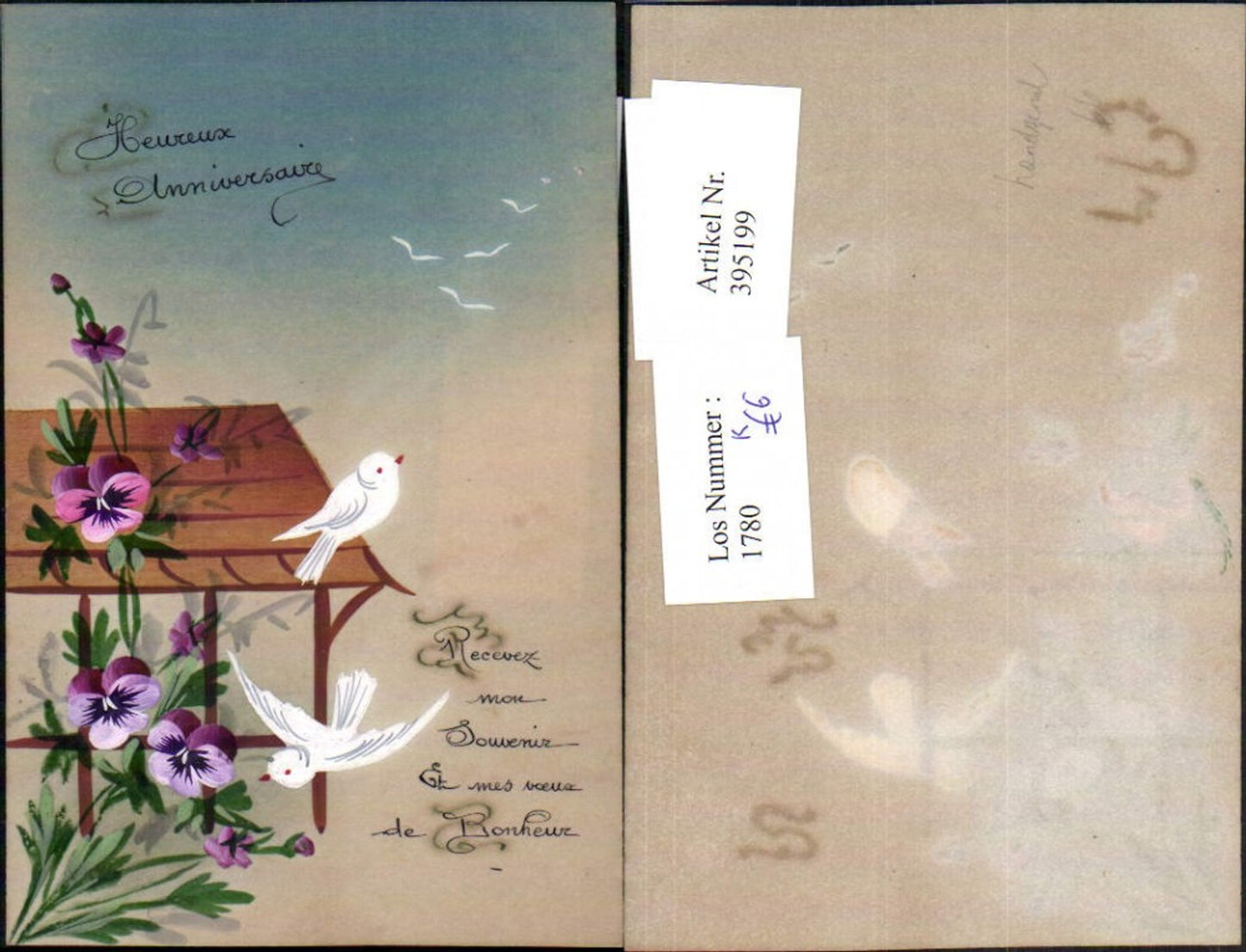395199, Artist AK Hand-painted Doves Birds Flowers Pansies