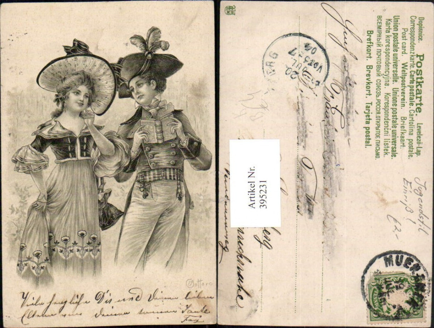 395231,Jugendstil Künstler AK E. Bottaro Liebe Paar Federhut Hut Buch