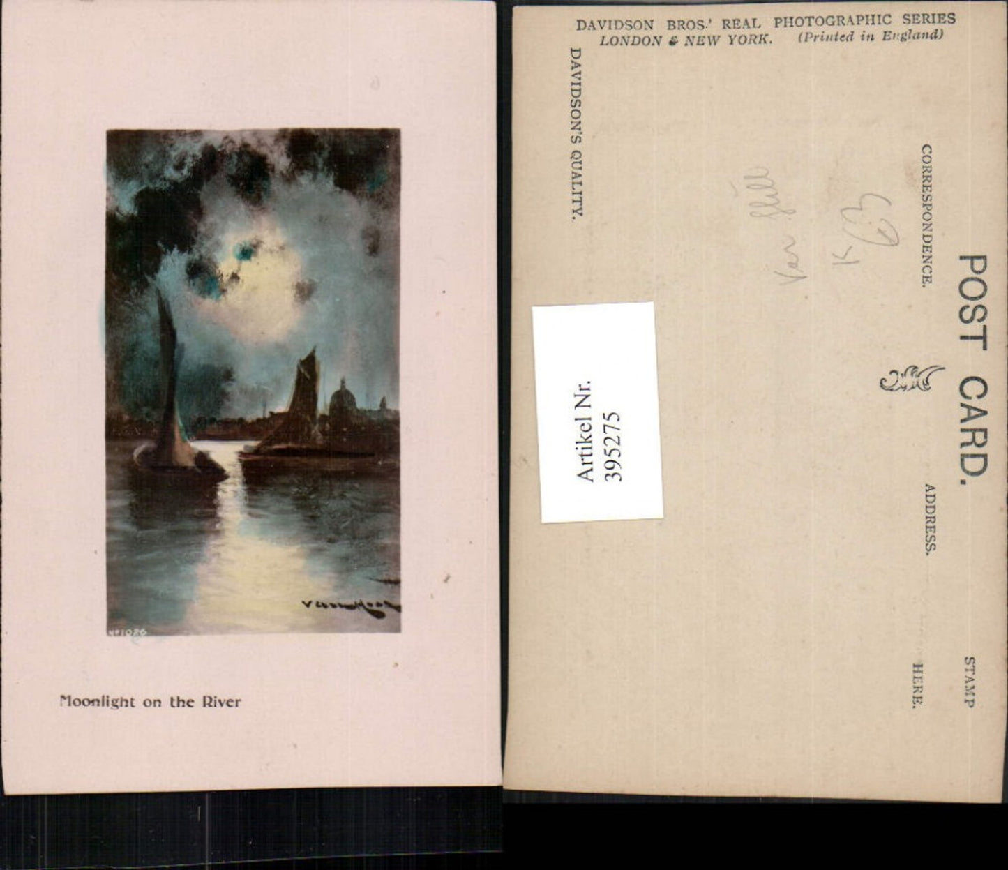395275,Künstler AK Van Hill Moonlight on the River Fluss Segelboot Mondschein