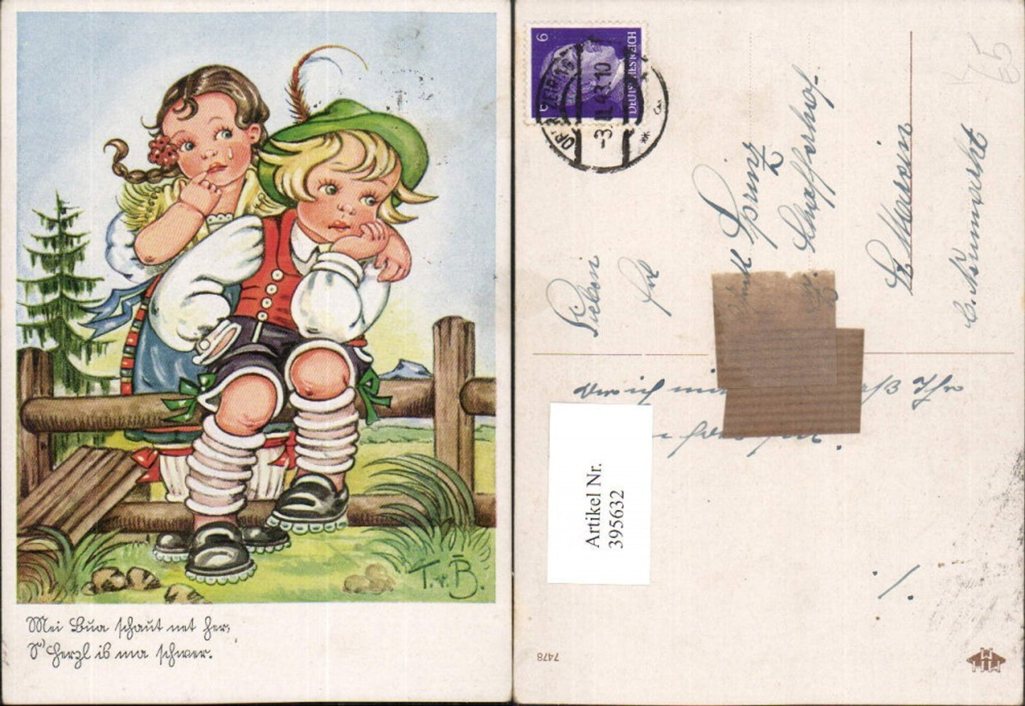 395632,Künstler AK Tilly von Baumgarten Kinder Liebe Paar Trauer Tracht Spruch
