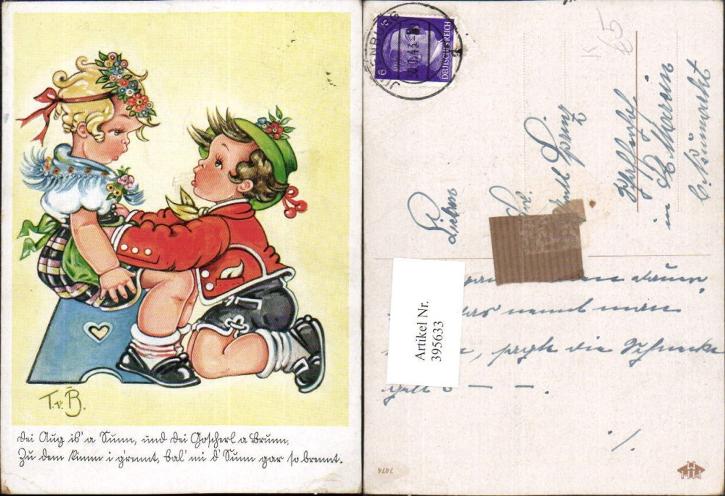 395633,Künstler AK Tilly von Baumgarten Kinder Liebe Paar Tracht Blumen Spruch