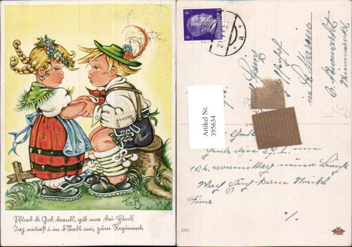 395634,Künstler AK Tilly von Baumgarten Kinder Liebe Paar Tracht Federhut Spruch