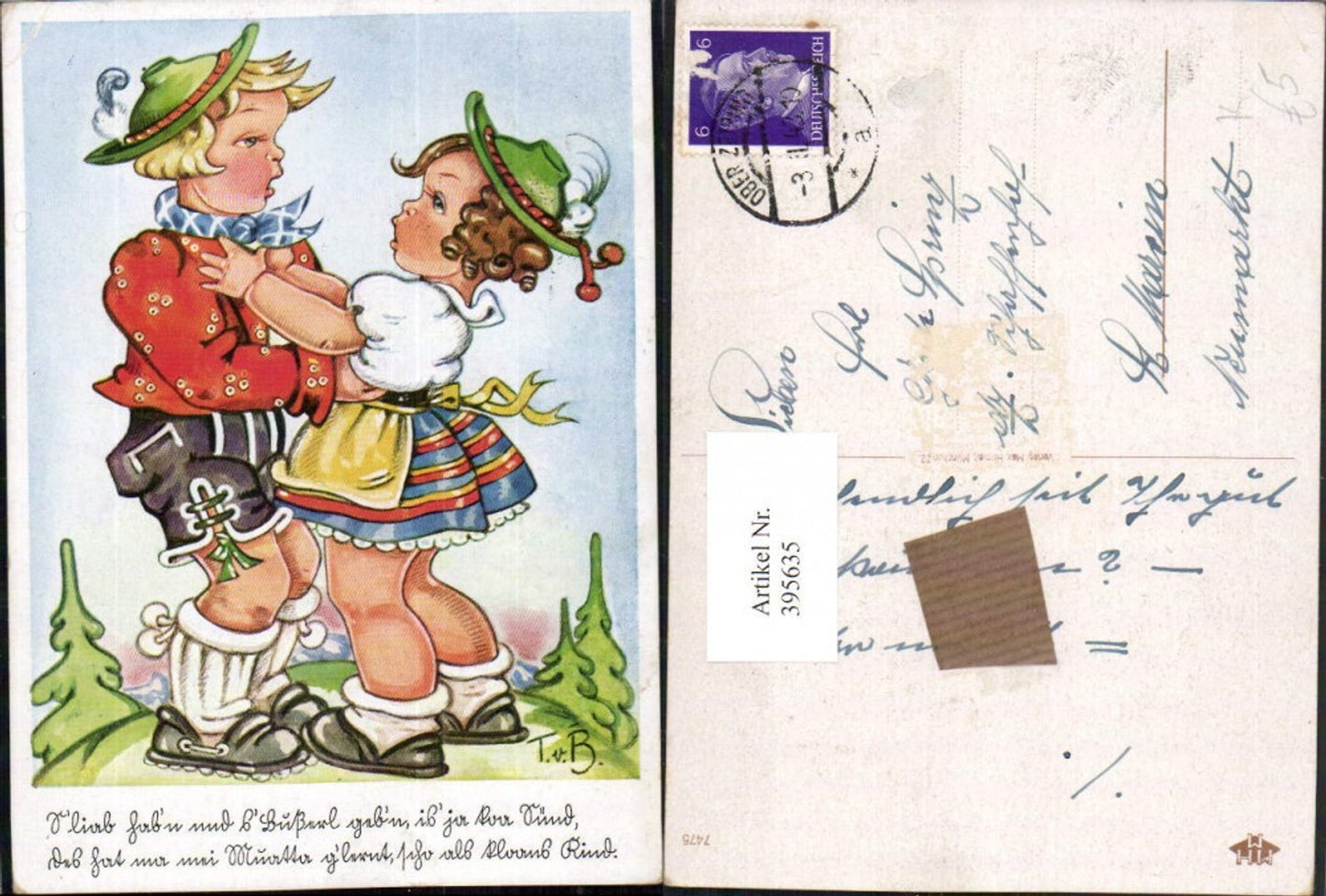395635,Künstler AK Tilly von Baumgarten Kinder Liebe Paar Tracht Federhüte Spruch