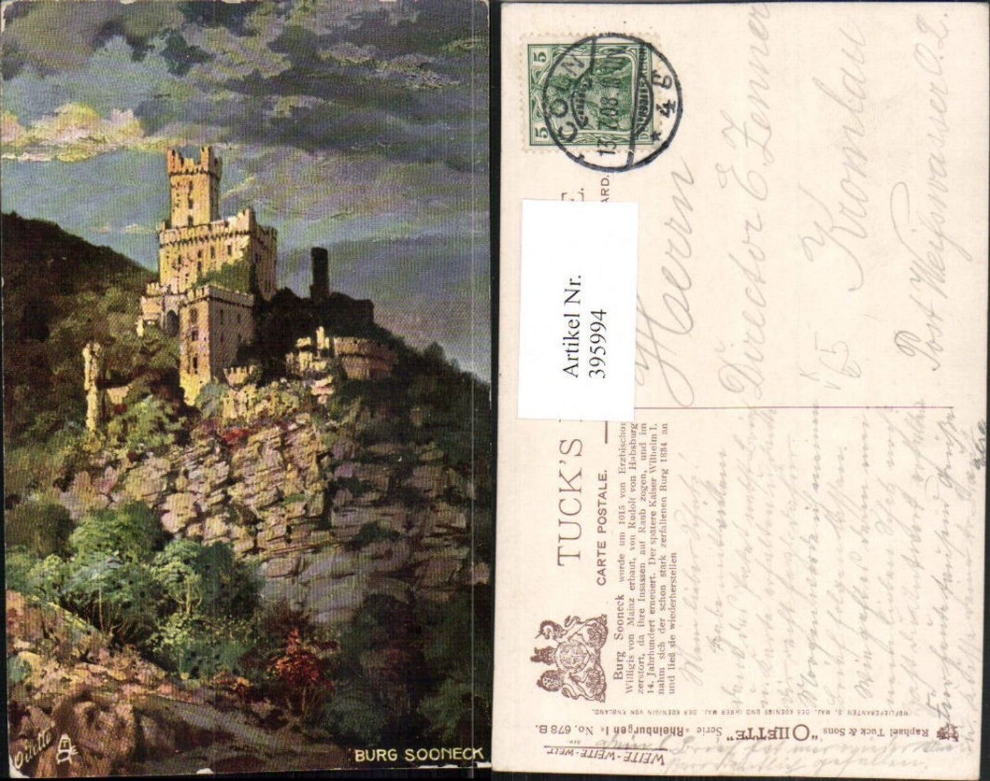 395994,Künstler AK Burg Sooneck b. Niederheimbach pub Raphael Tuck 678B