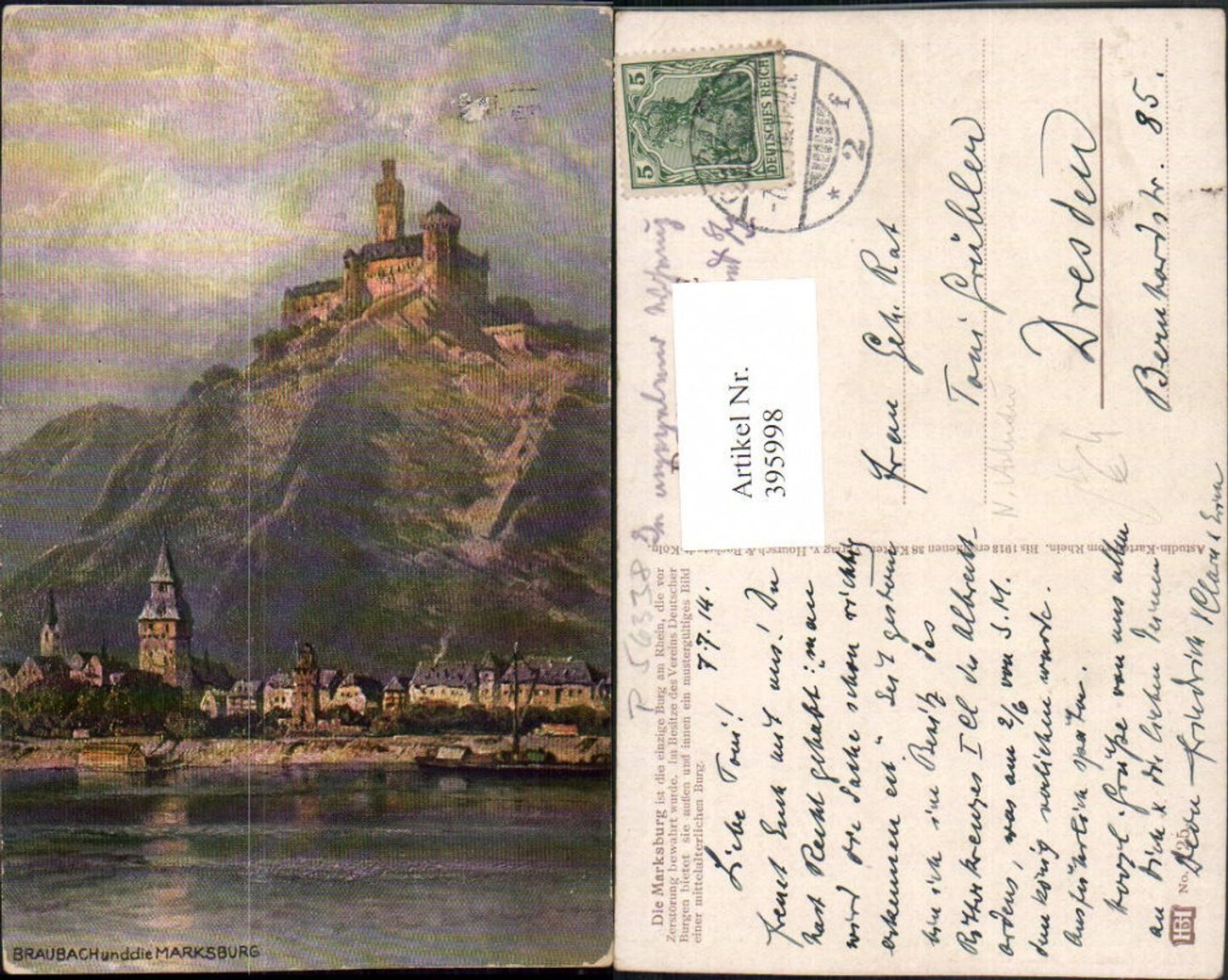 395998,Künstler AK N. Astudin Braubach Teilansicht m. Marksburg