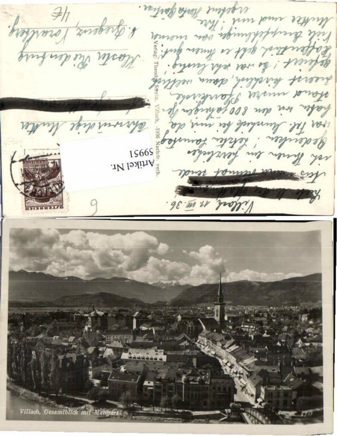 59951,Villach Totale m. Strasse Kirche 1936