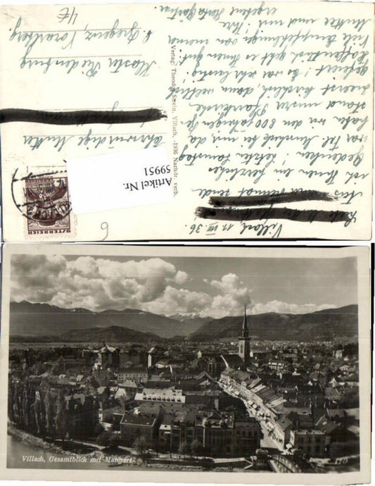 59951,Villach Totale m. Strasse Kirche 1936