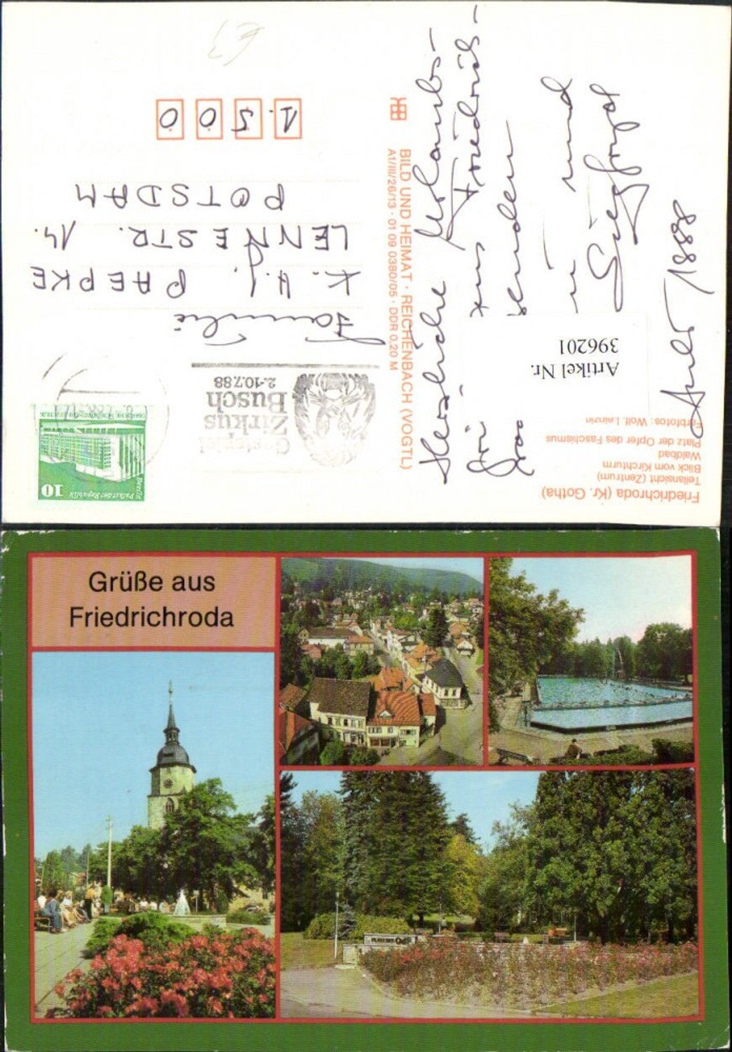 396201,Friedrichroda Teilansicht Freibad Kirchturm Mehrbildkarte