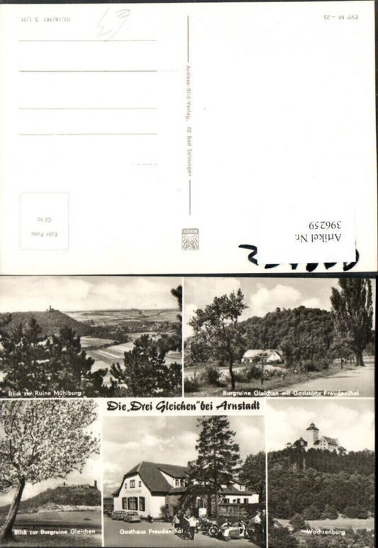 396259, The Three Gleichen near Arnstadt, Castle Ruins, Inn, Multi-view postcard