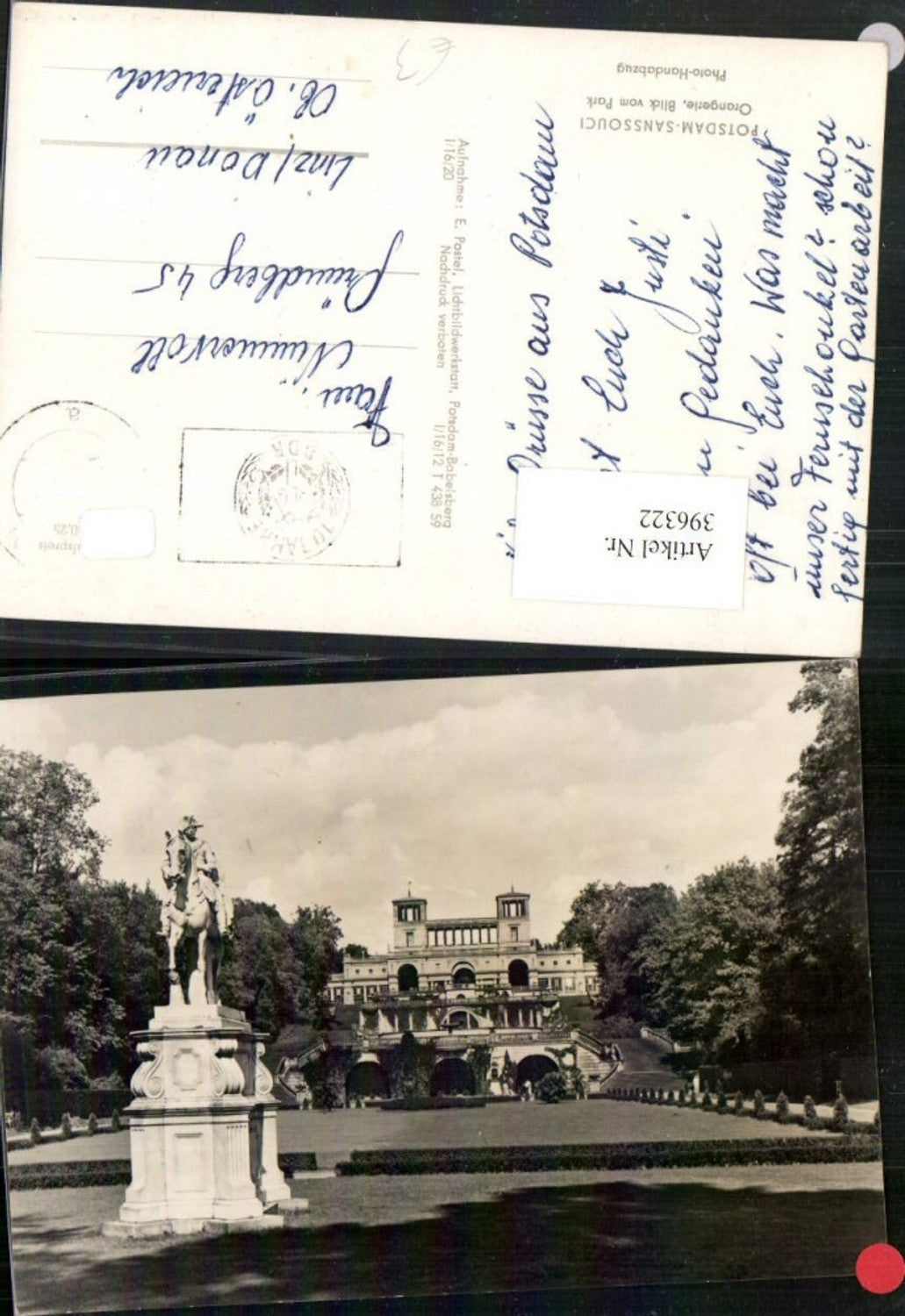 396322,Potsdam Sanssouci Orangerie Blick vom Park Statue