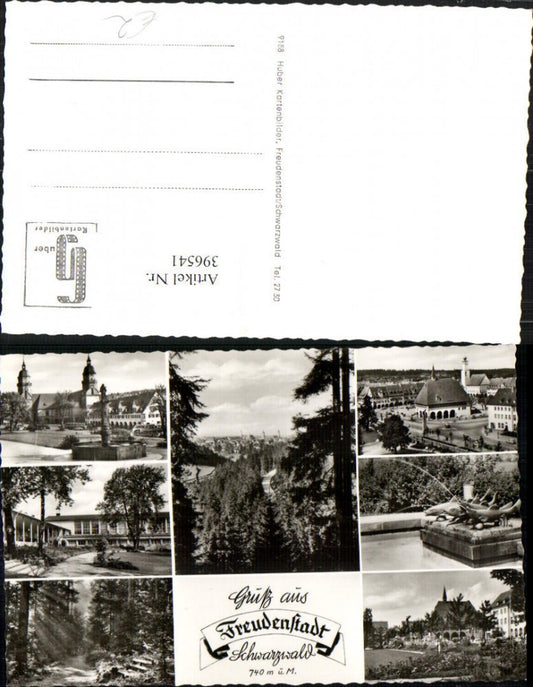 396541, Freudenstadt in the Black Forest, overall view of the town hall, fountain, and forest, multi-view postcard