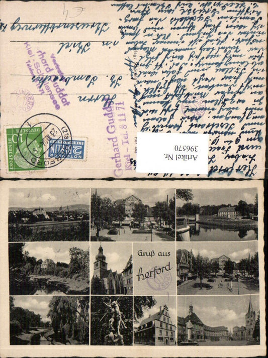 396570,Herford Totale Kirche Rathaus Statue Mehrbildkarte