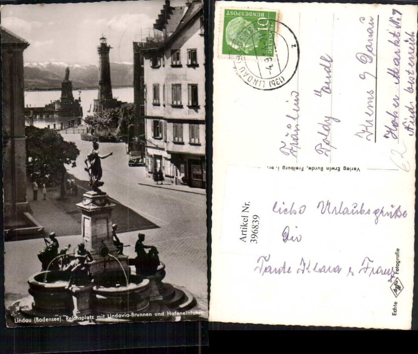 396839,Lindau im Bodensee Reichsplatz m. Lindavia-Brunnen u. Hafeneinfahrt Leuchtturm