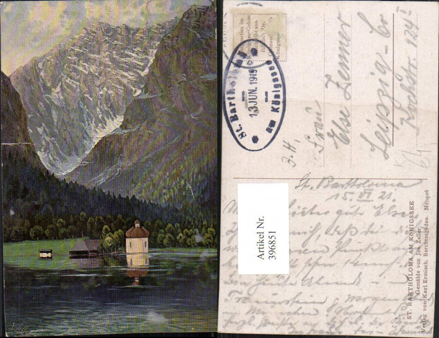 396851, Artist AK Josef Zeller St. Bartholomä am Königssee near Schönau Mountain scenery