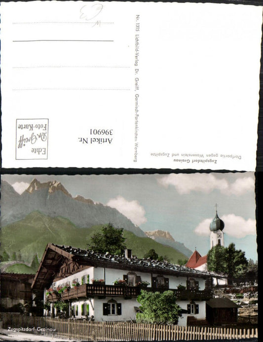 396901,Grainau Dorfpartie Kirche geg. Waxenstein u. Zugspitze Bergkulisse