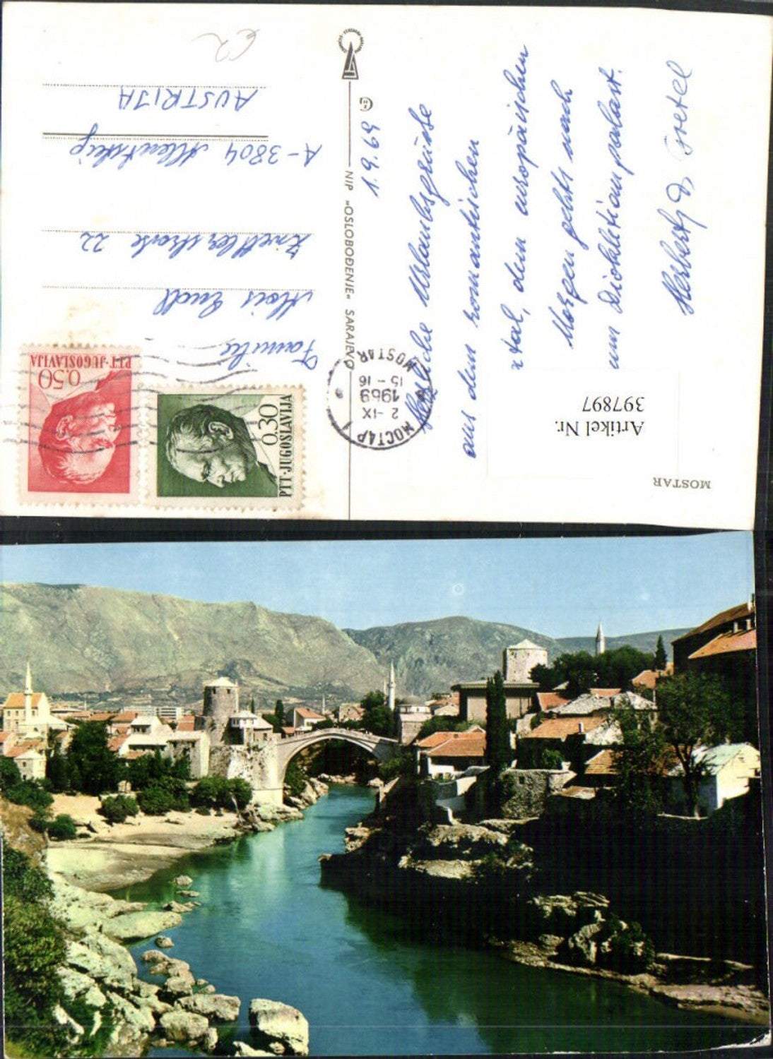 397897,Bosnia Mostar Teilansicht Fluss Brücke Bergkulisse