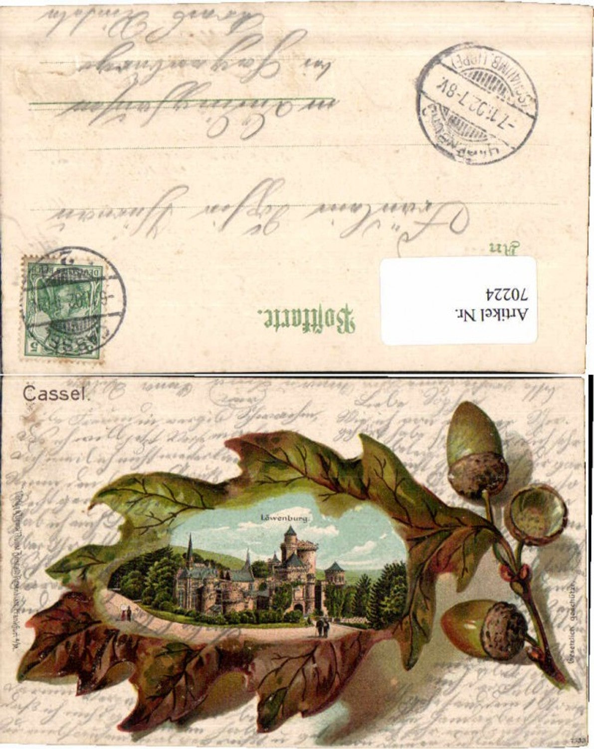 70224,Präge Litho Cassel Kassel Löwenburg Haselnuss Blatt