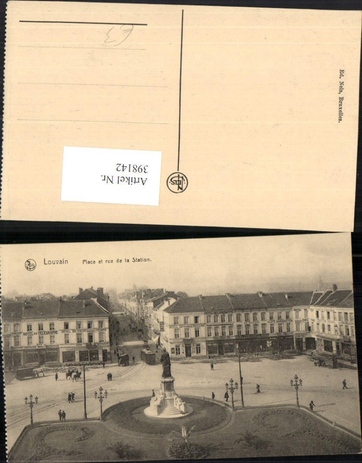 398142,Belgium Louvain Place et rue de la Station Denkmal Statue Hotels