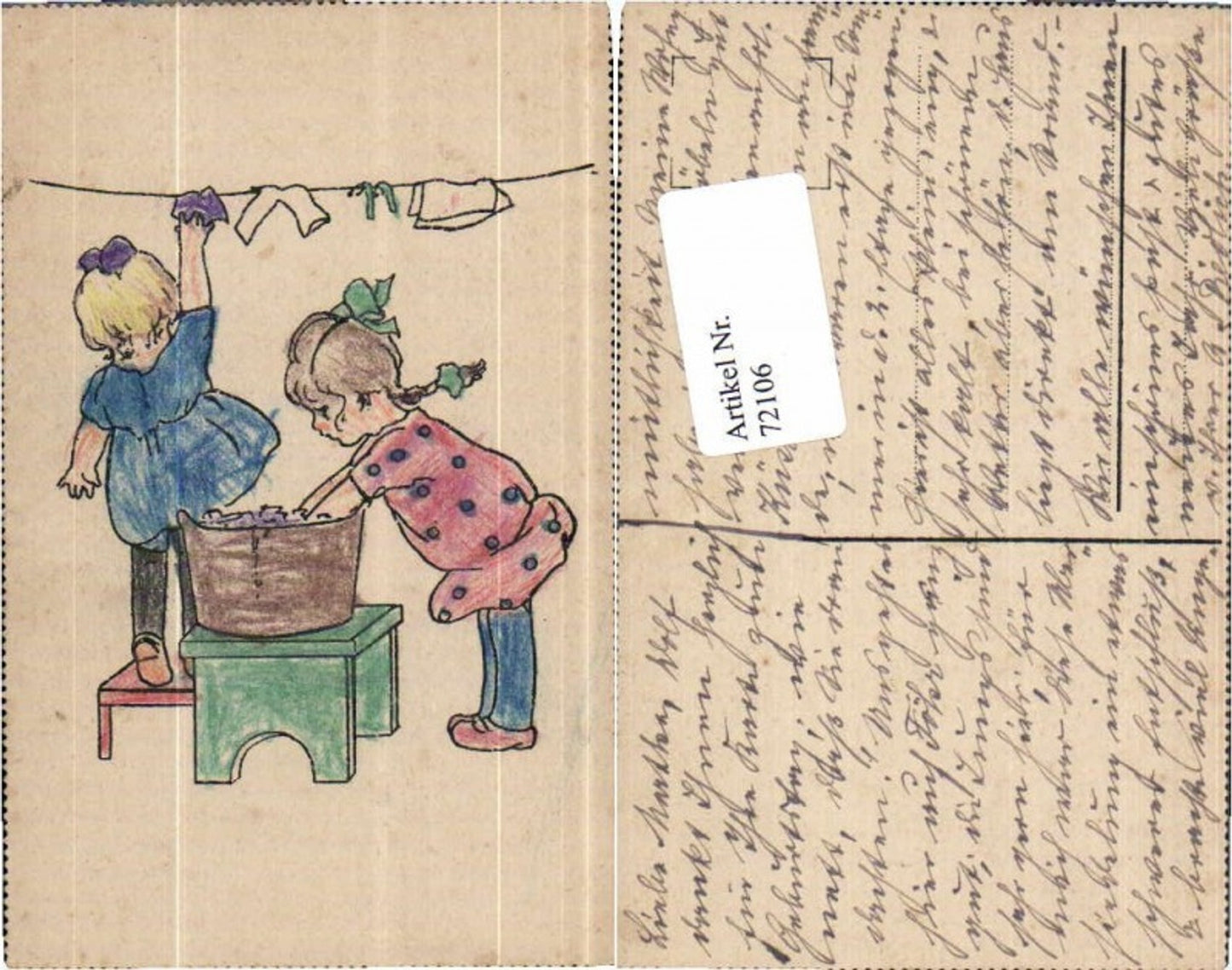 72106, Hand-painted children hanging up laundry