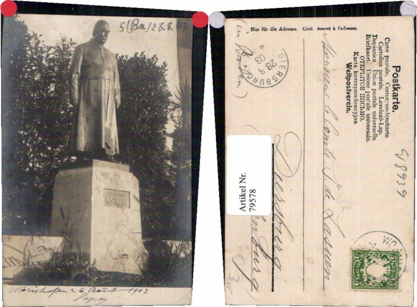 79578,Rare FotoAK Wörishofen Denkmal 1903