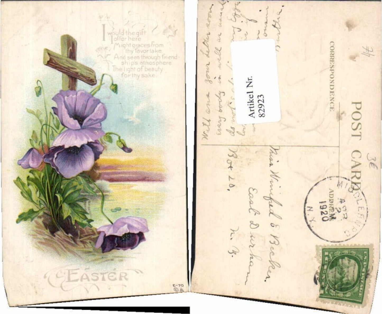 82923,Präge AK Ostern Blumen Kreuz Spruch Litho