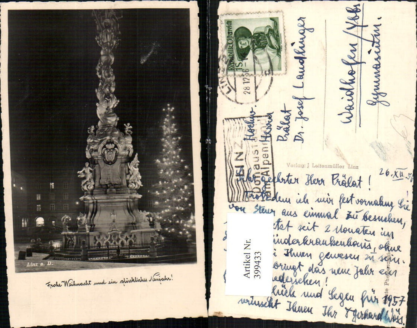 399433,Linz an d. Donau Dreifaltigkeitssäule Pestsäule Weihnachtsbaum