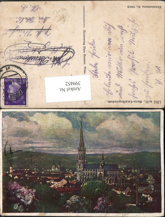 399452,Künstler AK Linz an d. Donau Teilansicht m. Maria-Empfängnis-Dom pub Hans Hausner 7007/5